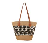 HSTWODE Strandtasche aus Stroh | Strohtaschen Damen | Geflochten Korbtasche Stroh | mit Reißverschluss und Leder Schultergurt für Strand Reise Einkauf (8#)