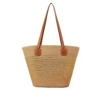 HSTWODE Strandtasche aus Stroh | Strohtaschen Damen | Geflochten Korbtasche Stroh | mit Reißverschluss und Leder Schultergurt für Strand Reise Einkauf (3#)