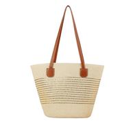 HSTWODE Strandtasche aus Stroh | Strohtaschen Damen | Geflochten Korbtasche Stroh | mit Reißverschluss und Leder Schultergurt für Strand Reise Einkauf (5#)