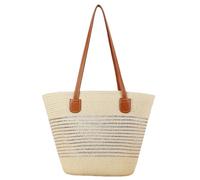 HSTWODE Strandtasche aus Stroh | Strohtaschen Damen | Geflochten Korbtasche Stroh | mit Reißverschluss und Leder Schultergurt für Strand Reise Einkauf (6#)