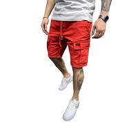 HSUAYEUD Herren Cargo Shorts SPOHT Gerade Locker Sport 5 Taschen Sommer Kurze Hose Elastikbund Mehrere Taschen Atmungsaktiv Leicht Baumwoll Herrenshorts Freizeit Basic Weite Passform Rot L