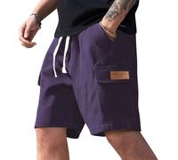 HSUAYEUD Herren Kurze Hose Streifen Locker Sommer 5 Taschen Bermuda Shorts Atmungsaktiv Leicht Elastikbund Baumwoll Casual Mode Herren Shorts Knielang Freizeit Strand Basic Lila Rosa XXXL