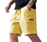 HSUAYEUD Herren Kurze Hose Streifen Locker Sommer 5 Taschen Bermuda Shorts Atmungsaktiv Leicht Elastikbund Baumwoll Casual Mode Herren Shorts Knielang Freizeit Strand Basic Fluoreszenz Gelb XXXL