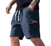 HSUAYEUD Herren Kurze Hose Streifen Locker Sommer 5 Taschen Bermuda Shorts Atmungsaktiv Leicht Elastikbund Baumwoll Casual Mode Herren Shorts Knielang Freizeit Strand Basic Marine XXXL