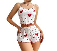 HSUAYEUD Schlafanzug Damen Kurz Pyjama Kurzarm Pyjamas Set Nachtwäsche Schlafanzugoberteile Zweiteiliger Valentinstag Loungewear Sleepwear Hausanzug für Zuhause Urlaub Freizeit Rot M