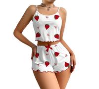 HSUAYEUD Schlafanzug Damen Kurz Pyjama Kurzarm Pyjamas Set Nachtwäsche Schlafanzugoberteile Zweiteiliger Valentinstag Loungewear Sleepwear Hausanzug für Zuhause Urlaub Freizeit Zinnoberrot M