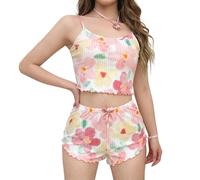 HSUAYEUD Schlafanzug Damen Kurz Pyjama Kurzarm Pyjamas Set Nachtwäsche Schlafanzugoberteile Zweiteiliger Valentinstag Loungewear Sleepwear Hausanzug für Zuhause Urlaub Freizeit Hellrosa M