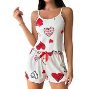 HSUAYEUD Schlafanzug Damen Kurz Pyjama Kurzarm Pyjamas Set Nachtwäsche Schlafanzugoberteile Zweiteiliger Valentinstag Loungewear Sleepwear Hausanzug für Zuhause Urlaub Freizeit Lila Rosa M