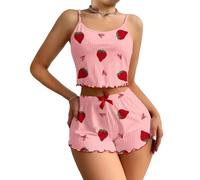 HSUAYEUD Schlafanzug Damen Kurz Pyjama Kurzarm Pyjamas Set Nachtwäsche Schlafanzugoberteile Zweiteiliger Valentinstag Loungewear Sleepwear Hausanzug für Zuhause Urlaub Freizeit Rot M
