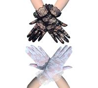 HSYTEK 2 Stück Damen Spitzenhandschuhe Schwarz und Weiß, Kurze Netzhandschuhe mit Blumenmuster, Handschuhe für Brautschmuck, Hochzeitsfeier, Prom Abend Handschuhe, Halloween, Cosplay (Schwarz+Weiß)