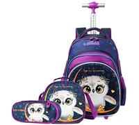 HTgroce Eule Schulranzen Rucksack Trolley mit 2 Rollen für Kinder Mädchen,Nylon,Kinder Schultrolley Geeignet für Schule und Reise,Mit Essensbeutel und Federmäppchen,Grün