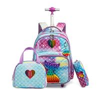 HTgroce Rollrucksack Schulranzen mit Rollen für Mädchen Rucksack 16 Zoll Set 3 in 1 mit Lunch Bag und Mäppchen Pop Fidget Bag Geschenk für Kinder.