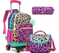 HTgroce Schulrucksack Trolley Abnehmbar für Mädchen - Leopardenmuster Schulranzen Set für Grundschule & 3.-5. Klasse, Kinderkoffer Große Schultasche