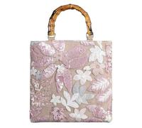 HTU Einkaufstasche mit Blumenstickerei und Pailletten, Bambusgriff, Handtasche for Damen (Rosa)