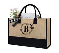 HTU Jute-Einkaufstasche for Damen, personalisierbar, große Kapazität, modische Einkaufstasche mit Buchstaben, stilvolle Pendeltasche for Lehrer, Freunde, Brautjungfern (B)