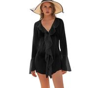 Htuteyy Damen-Top mit Rüschen, Transparent, Langärmelig, Durchsichtiges Netz, Bluse, Oberteile, Übergroß, Fließend, Chiffon-Tunika Schwarz M