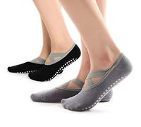 Hually Yoga Socken, 2 Packs rutschfeste Pilates Socken für Damen Grips & Straps, Ideal für Pilates, Pure Barre, Ballet, Dance (Schwarz & Grau)