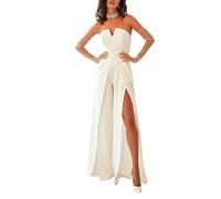 HuanHaoYu Eleganter Damen-Jumpsuit mit V-Ausschnitt, ärmellos, schulterfrei, Strampler mit weitem Bein, für Hochzeit, Party, formelle Anlässe, weiß, S