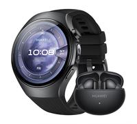 Huawei Watch 5, 46 mm, Schwarzes Edelstahlgehäuse mit schwarzem Fluorelastomer-Armband + FreeBuds 6i