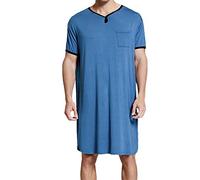 HUAZONG Herren-Nachthemd aus Baumwolle, Pyjama-Top, Bademäntel, leicht, kurzärmelig, lang, lockere Nachtwäsche Gr. L, blau