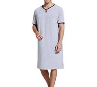 HUAZONG Herren-Nachthemd aus Baumwolle, Pyjama-Top, Bademäntel, leicht, kurzärmelig, lang, lockere Nachtwäsche Gr. XL, grau