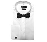HUBER Slim Fit Herren Smokinghemd Langarm Weiss inkl. Fliege schwarz u. Manschettenknöpfe XXL
