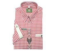 HUBER Trachtenhemd rot-weiß mit Stickerei und Krempelärmel XL