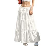 Hübscher Rock Damen Elegante Frauen Fließende Röcke Ausgestellte Rüschen Boho Langer Rock Strand Einfarbig Layered Bowknot Röcke S Weiß