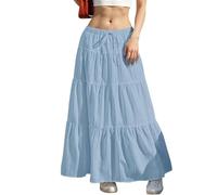 Hübscher Rock Damen Elegante Frauen Fließende Röcke Ausgestellte Rüschen Boho Langer Rock Strand Einfarbig Geschichtete Schleifenröcke S Blau