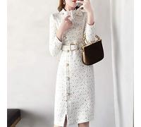 Hübsche Kleid Kleider Dress Damen Angepasste Elegante Frauen Kleid Pearl Button Tweed Kleid Sexy Split Langarm Mit Gürtel Bleistift Kleid M Weiß