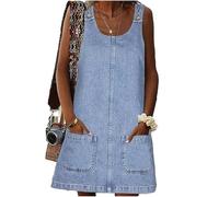 HUEOBIR Damen Ärmelloser lässiger Jeansrock Rundhalsausschnitt Vintage Overall Minirock mit Taschen, Mittleres Blau, Groß