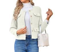 HUEOBIR Damen Tweed-Blazer, Jacken, lässig, langärmelig, Knopfleiste, Business, kurz, lässig, bauchfrei, Beige, XL
