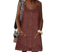 HUEOBIR Overallkleid für Damen, Denim-Kleid, Denim-Overall, Rundhalsausschnitt, Rock, Jeanskleid, Denim-Pulloverkleid, Latzhose, Denim, Rostrot, X-Groß