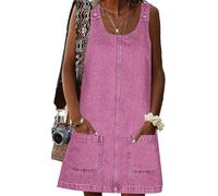 HUEOBIR Overallkleid für Damen, Denim-Kleid, Denim-Overall, Rundhalsausschnitt, Rock, Jeanskleid, Denim-Pulloverkleid, Latzhose, Knallpink (Hot Pink), X-Klein