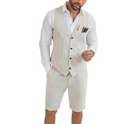 HUEZOE Herren-Leinenanzug, 2-teilig, Kurze Anzüge für Herren, lässig, Sommer, Strand, Bräutigam, Hochzeit, Anzug, Leinenweste, Shorts-Set, Beige, S
