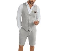 HUEZOE Herren-Leinenanzug, 2-teilig, Kurze Anzüge für Herren, lässig, Sommer, Strand, Bräutigam, Hochzeit, Anzug, Leinenweste, Shorts-Set, GRAU, XX-Large