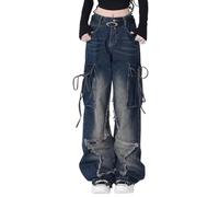 Hugboom Pumphose für Damen und Mädchen, süße Jeans, Y2K-Hose, Sternenmuster, gerades Bein, Streetwear-Kleidung, 1#blau, M