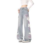 Hugboom Süße Baggy-Jeans Y2k für Damen und Mädchen, Sterne, Herz, Schmetterling, ästhetische Streetwear, Gothic-Kleidung, Blau, X-Klein