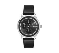HUGO Uhr aus Edelstahl mit schwarzem Zifferblatt und Lederarmband - Style #STAMP MULTI, HB1530366 Schwarz ONESI