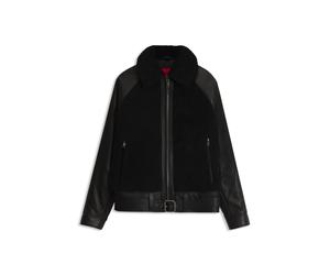 HUGO Lederjacke mit Gürtel und Shearling-Einsätzen - Style Laran, 50567438 Schwarz L