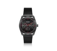HUGO Schwarze beschichtete Uhr mit tonalem Lederarmband - Style #BRIGHT SPORT, 58565075 Schwarz ONESI
