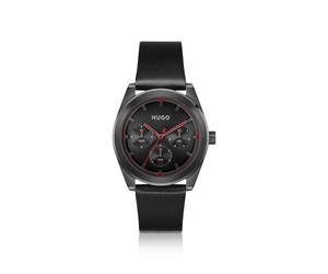 HUGO Schwarze beschichtete Uhr mit tonalem Lederarmband - Style #BRIGHT SPORT, 58565075 Schwarz ONESI