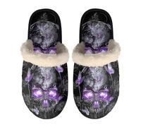 HUGS IDEA Damen-Hausschuhe aus Fleece mit Memory-Schaum, violett, Gothic-Totenkopf, für den Winter, drinnen und draußen, mit rutschfester Gummisohle, Lila Gothic Schädel, Medium Narrow
