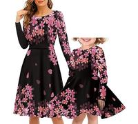 HUGS IDEA Passendes Kleid für Mutter und Tochter, lässig, langärmelig, Dreh-Skater-Midi-Kleid, für Mama und ich, passendes Kleid für Reisen, Party, Rosa Sakura-Blume, 13-14 Jahre