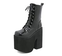 HUIBAOGONG Damen Kampf Stiefeletten Mit Plateau Runder Zehenbereich Reißverschluss Punk Gothic Stiefeletten Ketten Blockasbsatz Schnürstiefel,Schwarz,43 EU
