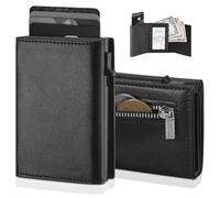 Huiguli Kreditkartenetui Geldbörse Herren, RFID Schutz Slim Wallet, Automatisches Pop-up-Kartenetui mit Münzfach, 1-8 Karten, Ausweisfenster, Schwarz