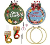 Huimai Stickset Ｗeihnachten Anfänger Stickerei Set Erwachsene mit 2 Stück Bambus Stickrahmen, Anleitung und Werkzeuge, Embroidery Kit für DIY Bastelset(Weihnachts-Girlande / 2 Stück)