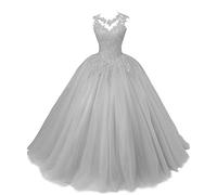 HUINI Ballkleider Lang Spitze Tüll Quinceanera Kleid A-Linie Prinzessin Abschluss Ballkleid Mädchen Abendparty Kleid Silber 36