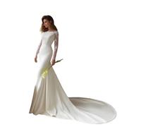 HUINI Bescheidene Satin Hochzeitskleider für die Braut Spitzen Lange Ärmel Meerjungfrau Brautkleid mit Schleppe Weiß 44