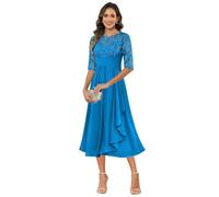 HUINI Brautmutterkleider Teelange Chiffon Halbarm Rüschen Formelles Abendkleider für Hochzeit Blau 44